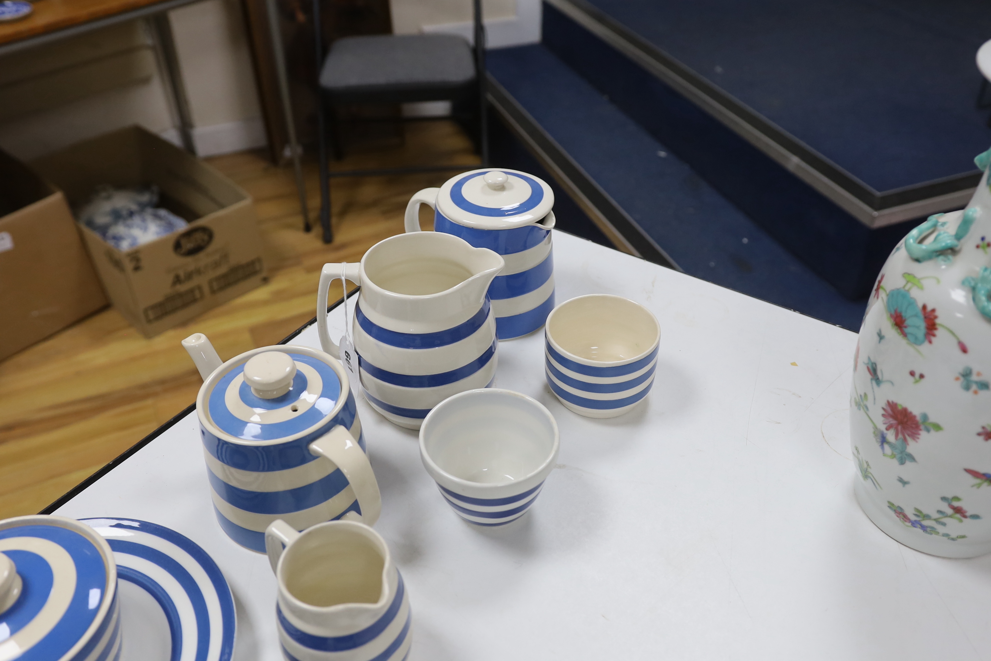 T.G. Green and other Cornishware including; a teapot, two large jugs and three smaller jugs, salt and pepper shakers, plates and bowls, etc. (19)